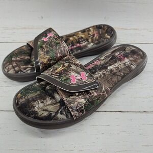 Under Armour Camouflage Slides Womans 9 Pink Brown Sandals Memory Foam 1252542